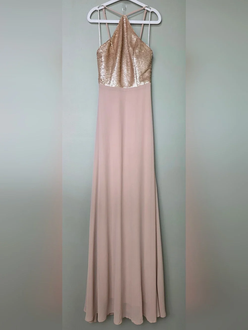 Lulus The Best Part Matte Gold Blush Champagne Sequin Halter Maxi Dress - XS